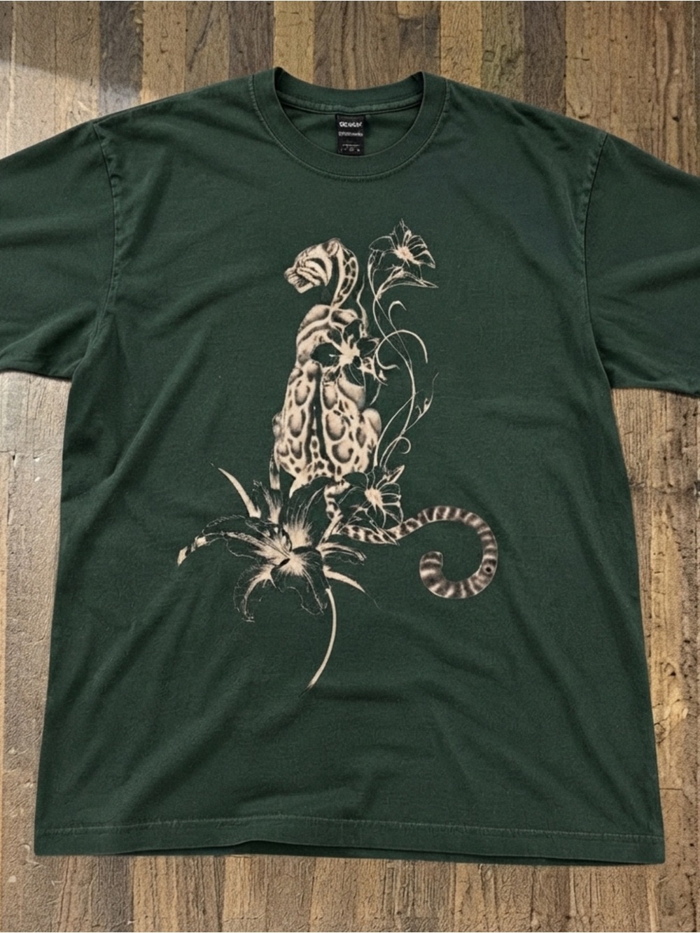 Gildan Military Green Tee with Leopard & Floral Graphic